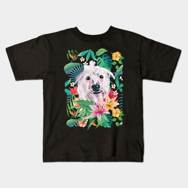 Tropical Chinese Crested Dog Kids T-Shirt by LulululuPainting